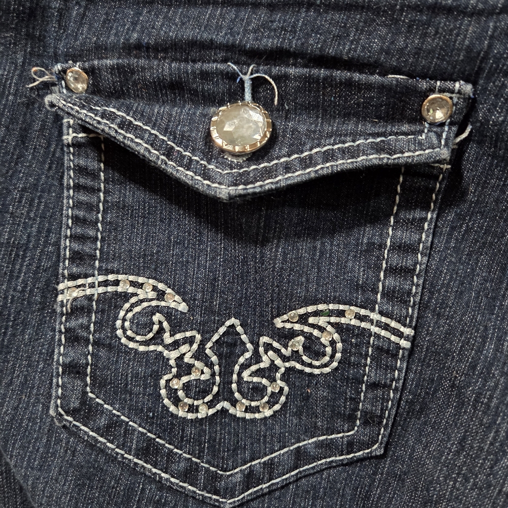 dKin Dark Wash Embellished Pocket Distressed Jeans Sz 14W Y2K Boho Bling Denim